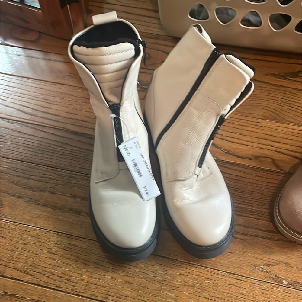 White Leather Boots with Black Trim